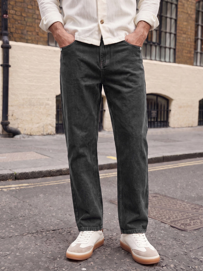Men's Black Relaxed Fit Washed Denim Jeans Non-Stretchable