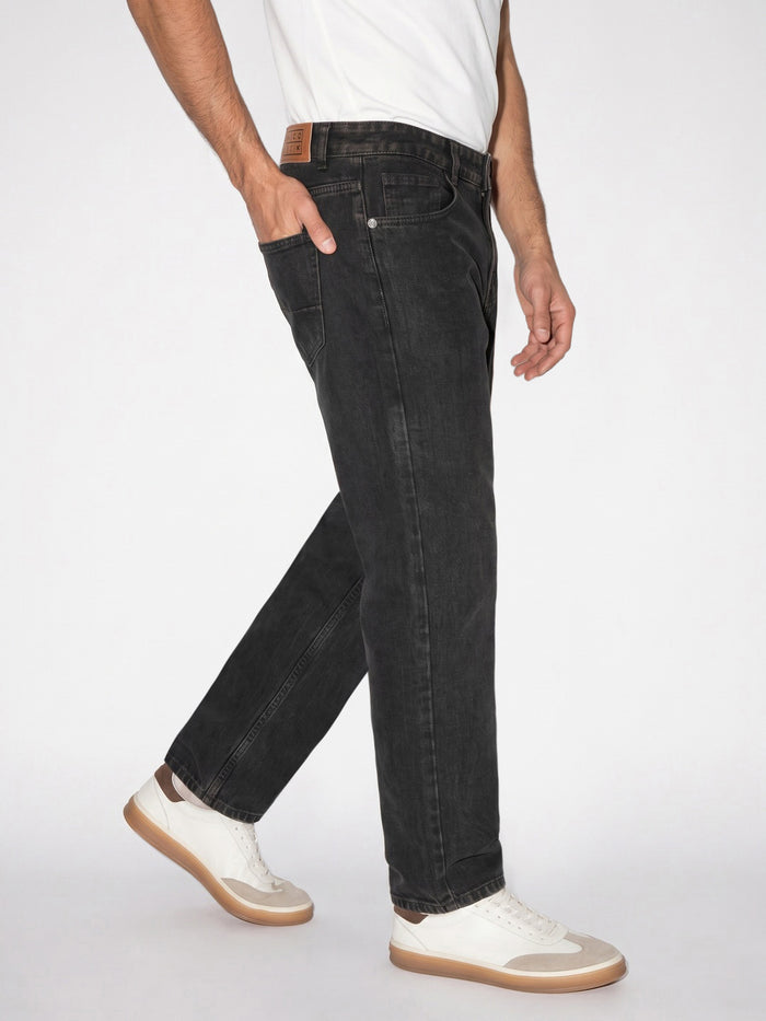 Men's Black Relaxed Fit Washed Denim Jeans Non-Stretchable