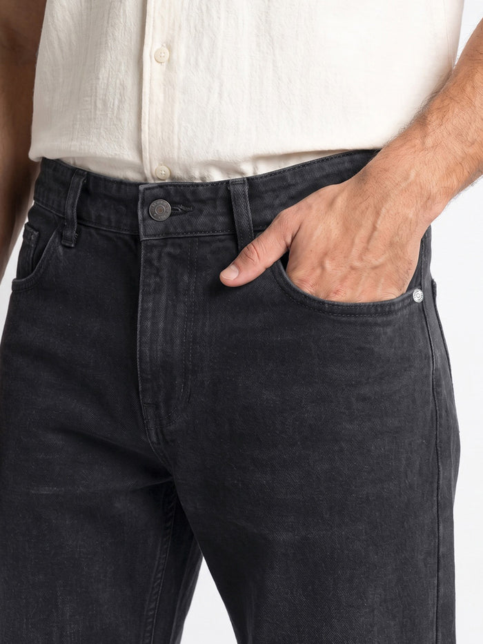 Men's Black Relaxed Fit Washed Denim Jeans Non-Stretchable