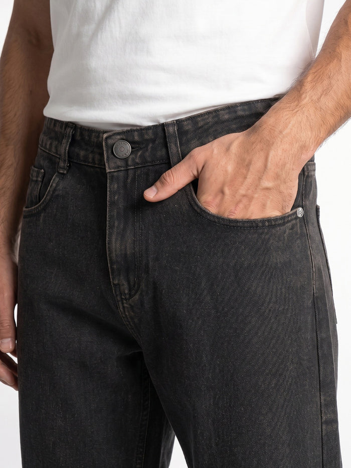 Men's Black Relaxed Fit Washed Denim Jeans Non-Stretchable