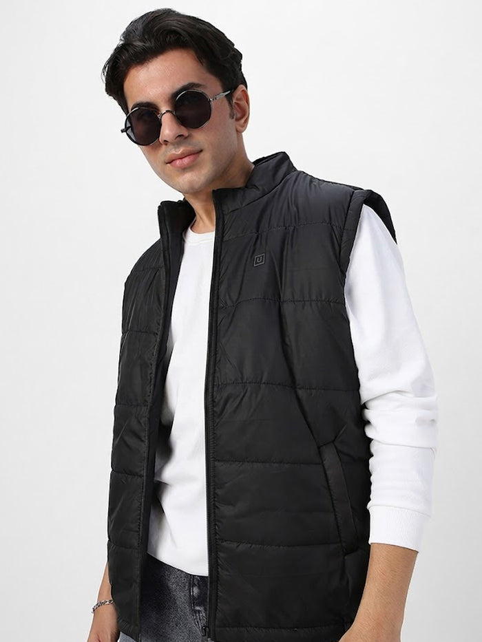 Men's Black Sleeveless Zippered Puffer Jacket