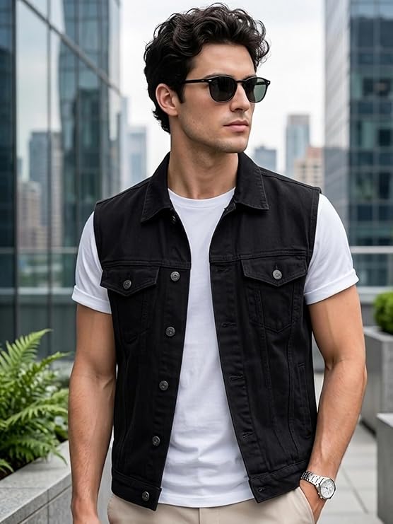 Men's Black Slim Fit Washed Sleeveless Denim Jacket
