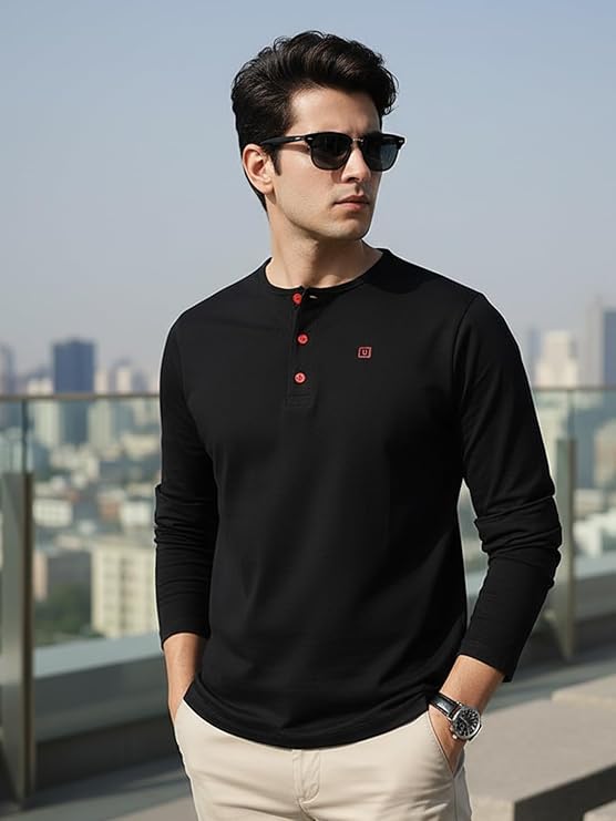 Men's Black Solid Henley Neck Slim Fit Cotton T-Shirt