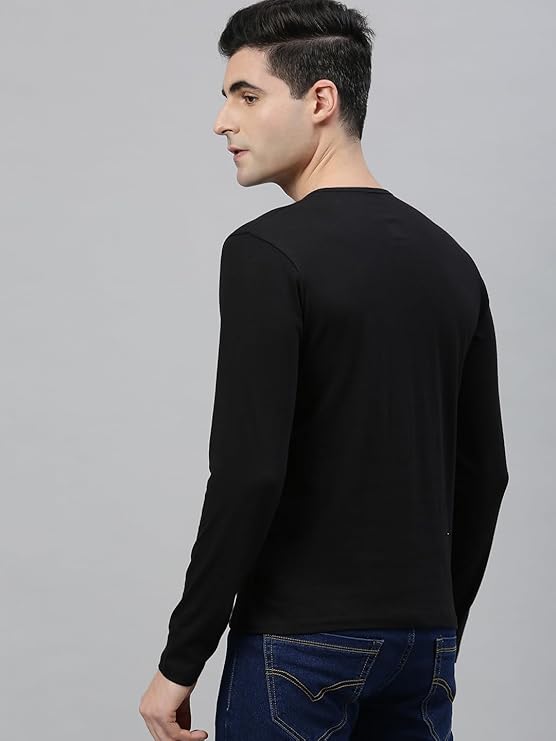 Men's Black Solid Henley Neck Slim Fit Cotton T-Shirt
