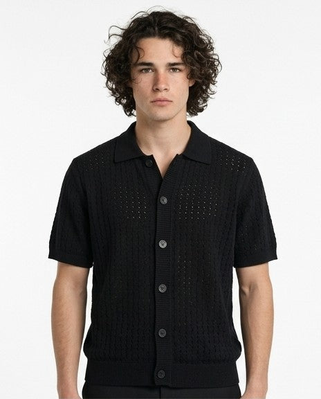 Men's Black Textured Open-Knit Button-Down Shirt - R217123