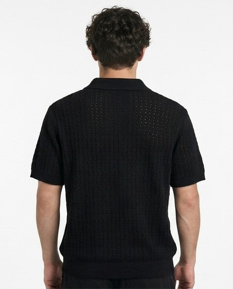 Men's Black Textured Open-Knit Button-Down Shirt - R217123