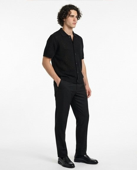 Men's Black Textured Open-Knit Button-Down Shirt - R217123