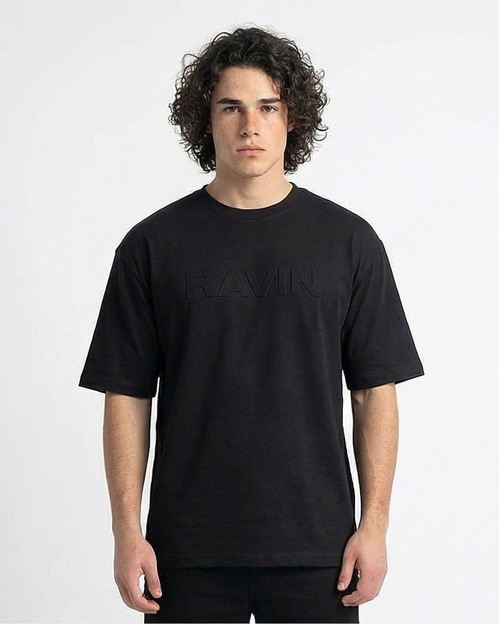 Men's Black Tonal Embossed Relaxed Fit T-Shirt - R216292