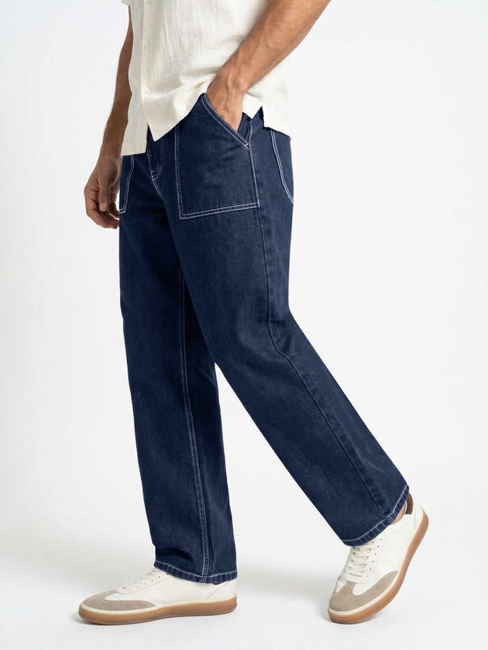 Men's Blue Loose Baggy Fit Washed Denim Jeans Non-Stretchable