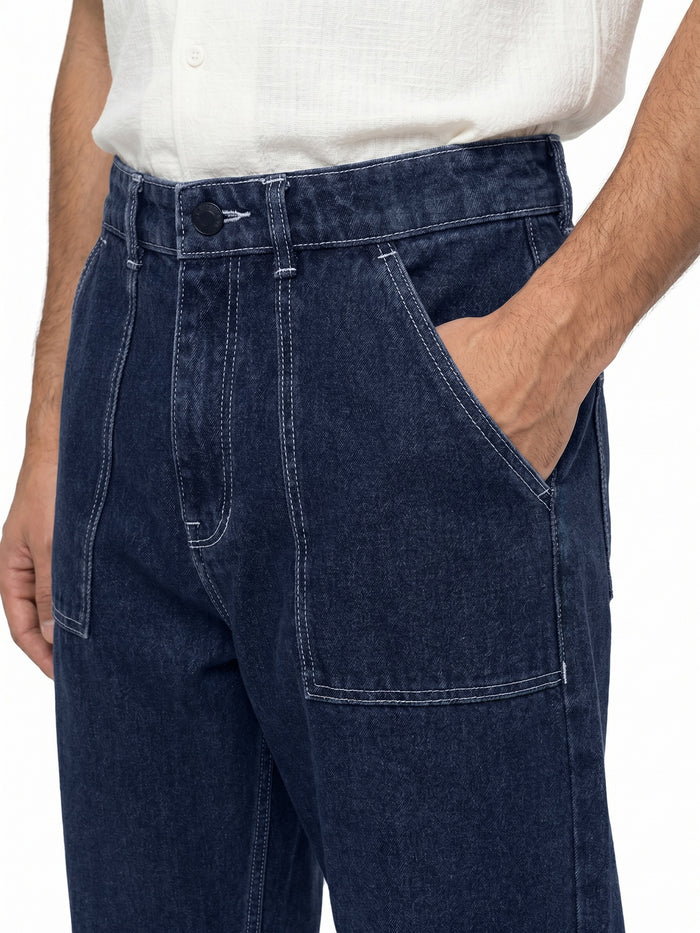 Men's Blue Loose Baggy Fit Washed Denim Jeans Non-Stretchable