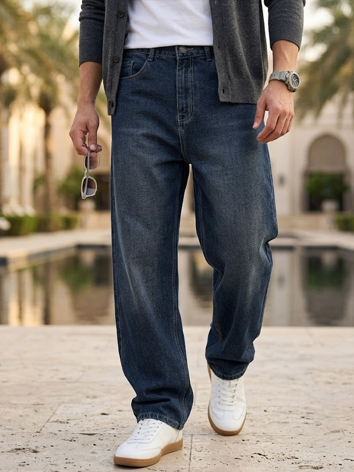 Men's Blue Loose Baggy Fit Washed Jeans Non-Stretchable
