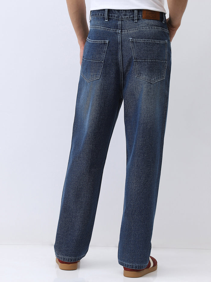Men's Blue Loose Baggy Fit Washed Jeans Non-Stretchable