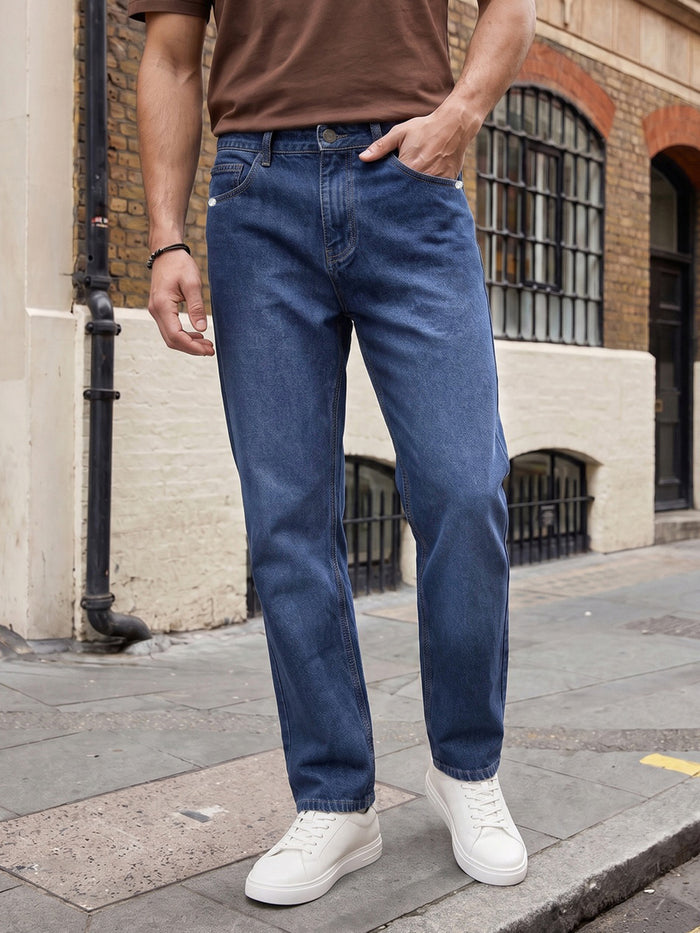 Men's Blue Relaxed Fit Washed Denim Jeans Non-Stretchable