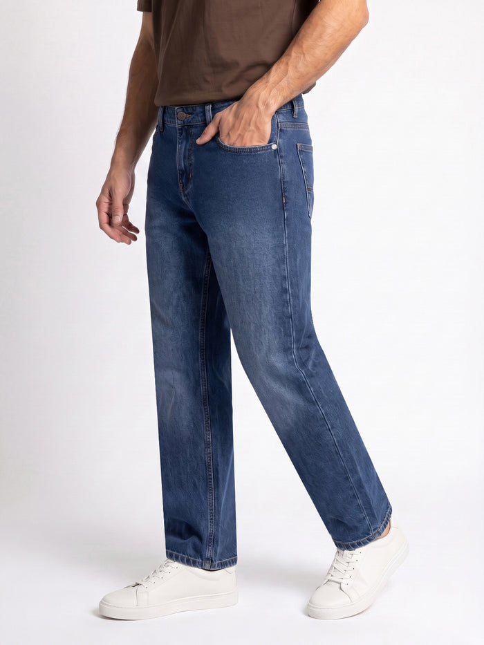 Men's Blue Relaxed Fit Washed Denim Jeans Non-Stretchable