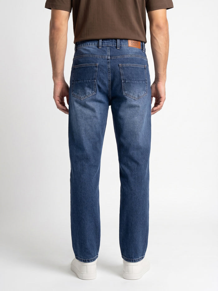 Men's Blue Relaxed Fit Washed Denim Jeans Non-Stretchable