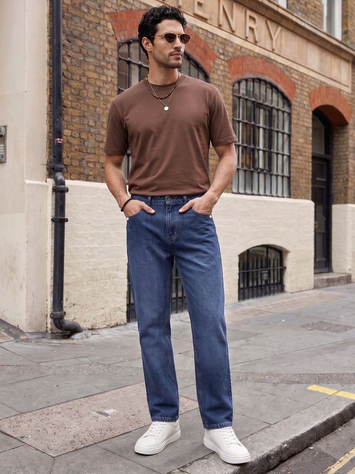 Men's Blue Relaxed Fit Washed Denim Jeans Non-Stretchable
