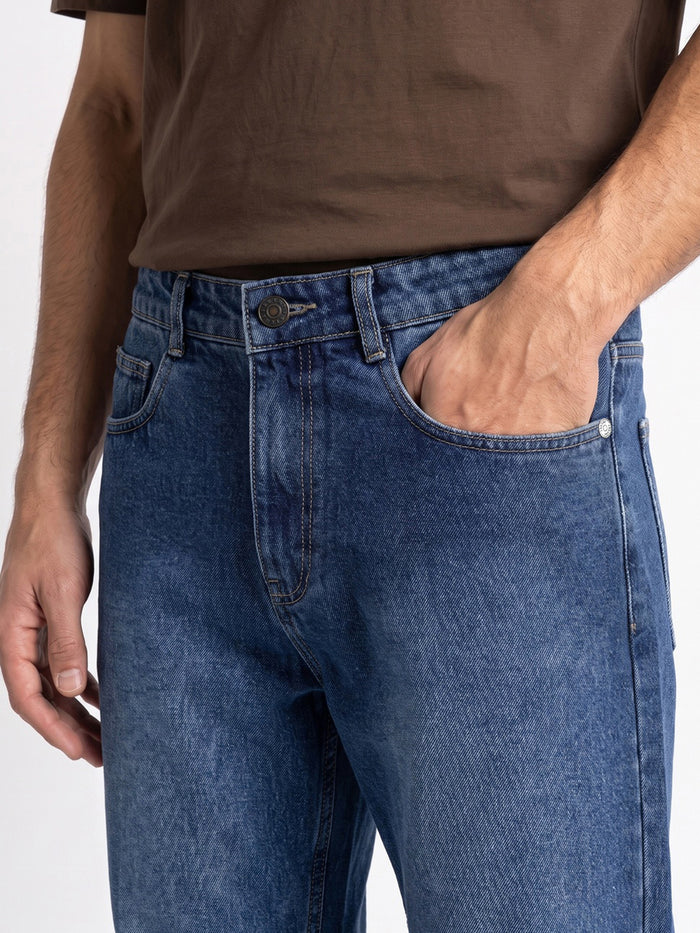 Men's Blue Relaxed Fit Washed Denim Jeans Non-Stretchable