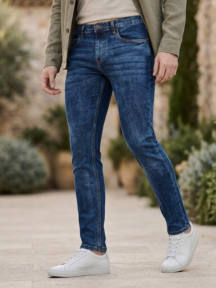 Men's Blue Skinny Fit Washed Jeans Stretchable