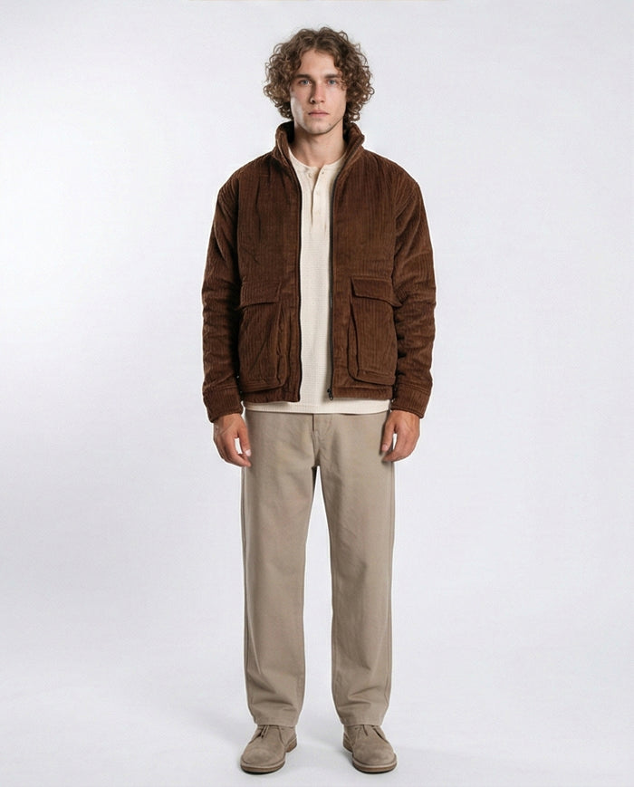 Men's Brown Corduroy Padded Utility Jacket - O199940