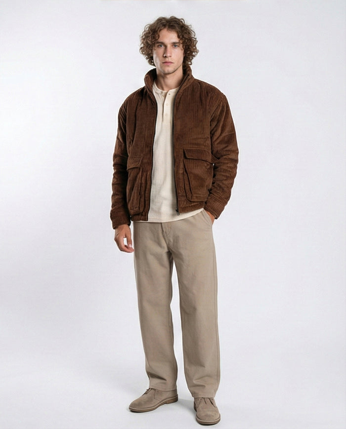 Men's Brown Corduroy Padded Utility Jacket - O199940