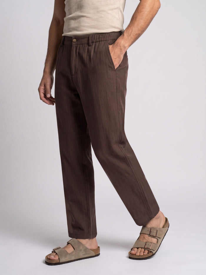 Men's Brown Relaxed Fit Solid Linen Blend Trousers Non-Stretchable