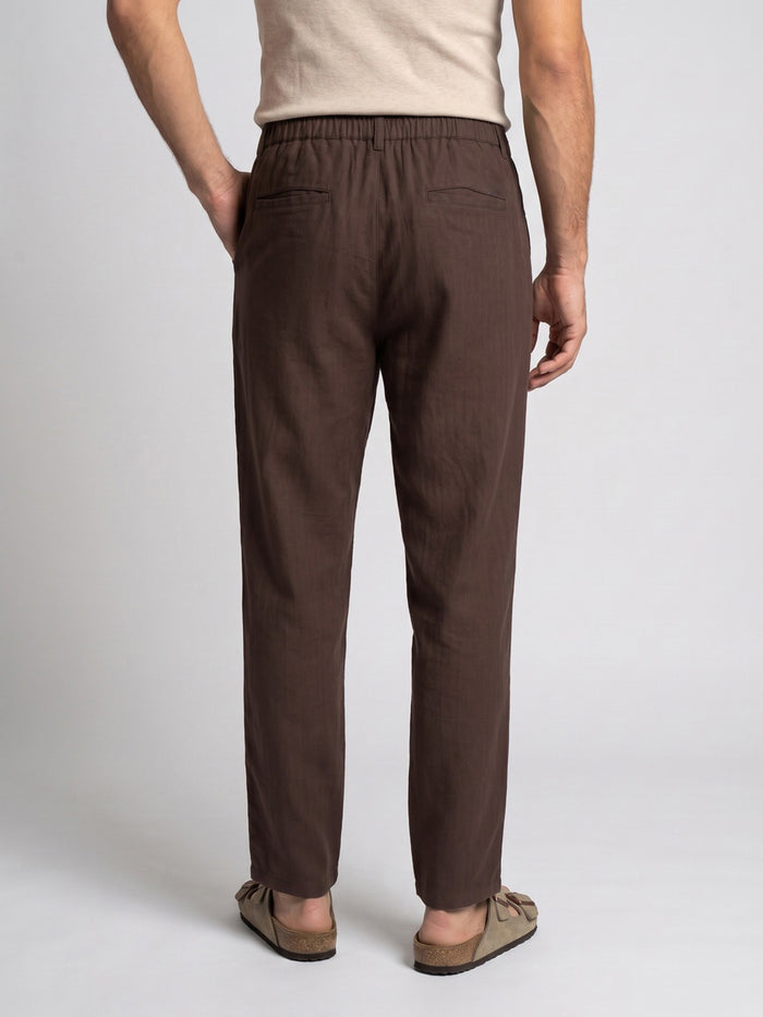 Men's Brown Relaxed Fit Solid Linen Blend Trousers Non-Stretchable