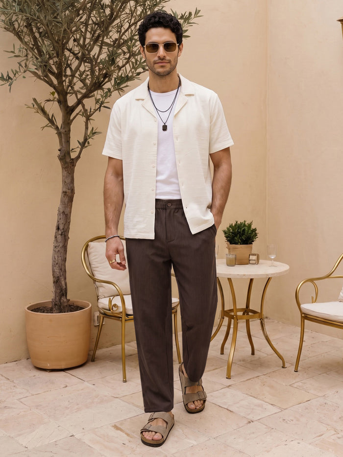 Men's Brown Relaxed Fit Solid Linen Blend Trousers Non-Stretchable
