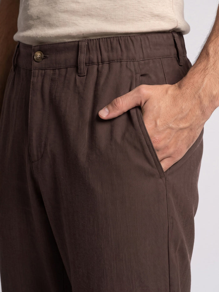 Men's Brown Relaxed Fit Solid Linen Blend Trousers Non-Stretchable