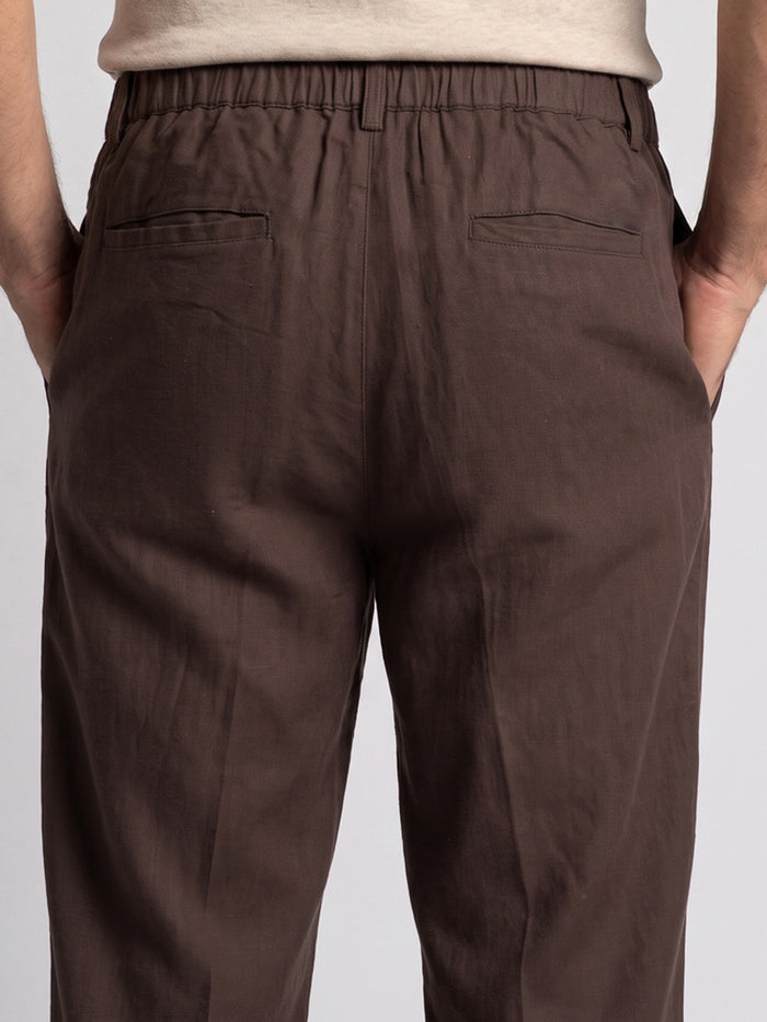 Men's Brown Relaxed Fit Solid Linen Blend Trousers Non-Stretchable