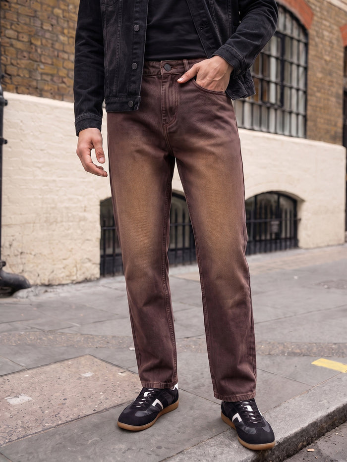 Men's Brown Relaxed Fit Washed Denim Jeans Non-Stretchable