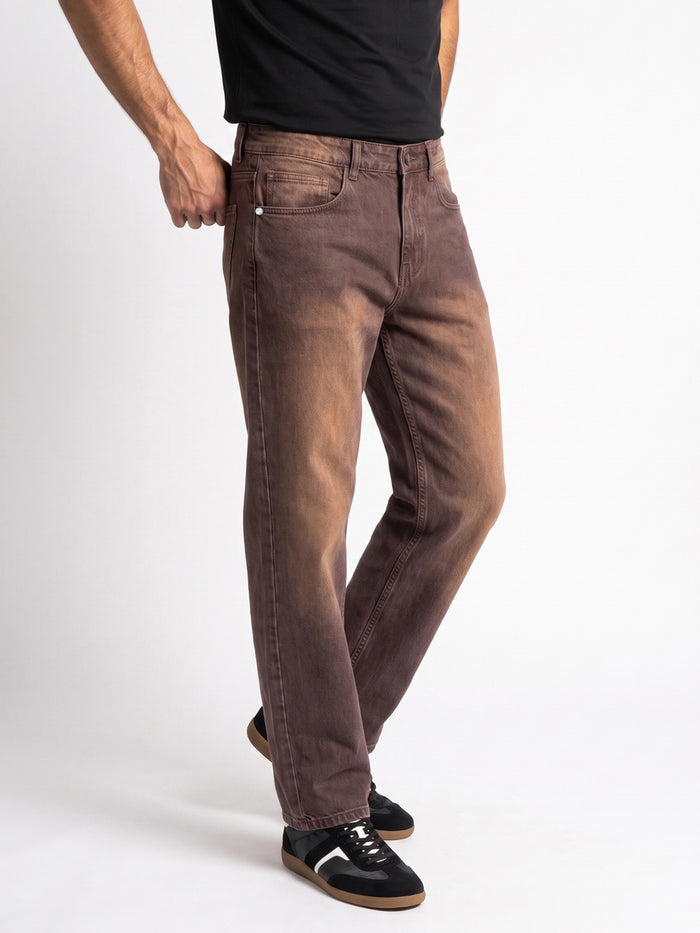 Men's Brown Relaxed Fit Washed Denim Jeans Non-Stretchable