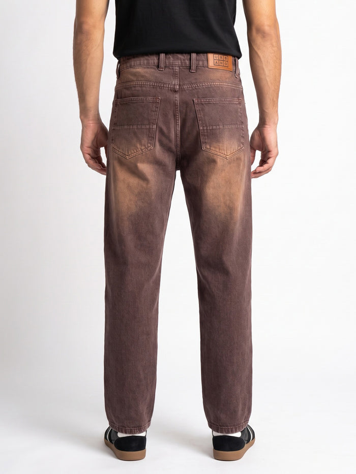 Men's Brown Relaxed Fit Washed Denim Jeans Non-Stretchable