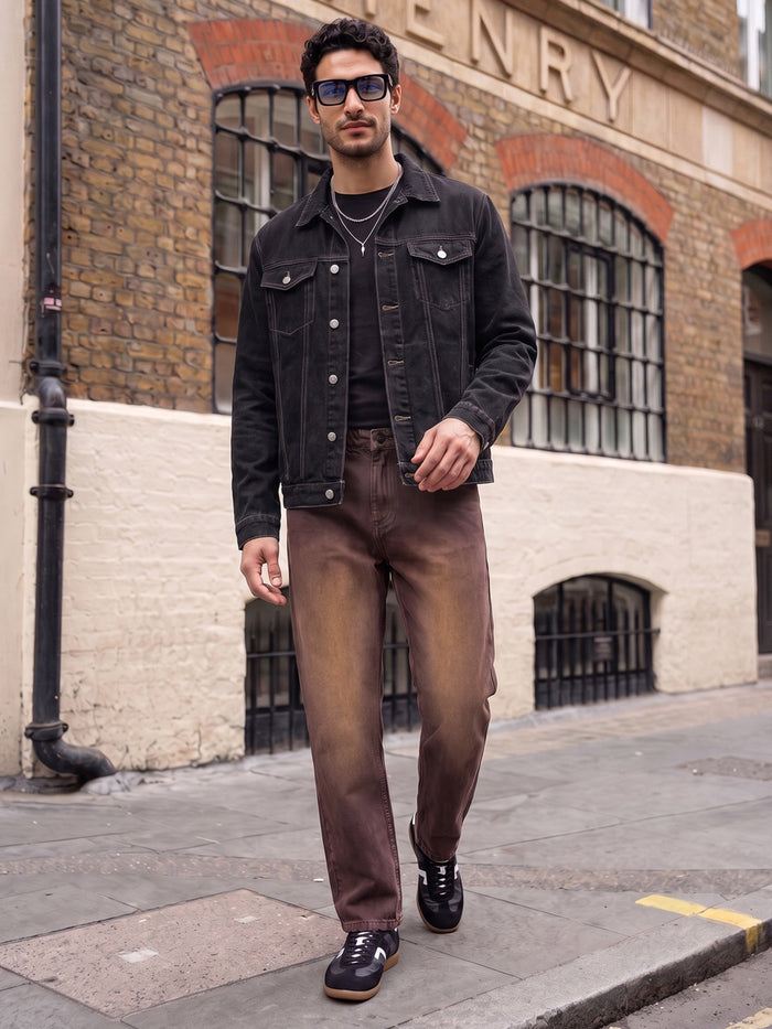 Men's Brown Relaxed Fit Washed Denim Jeans Non-Stretchable