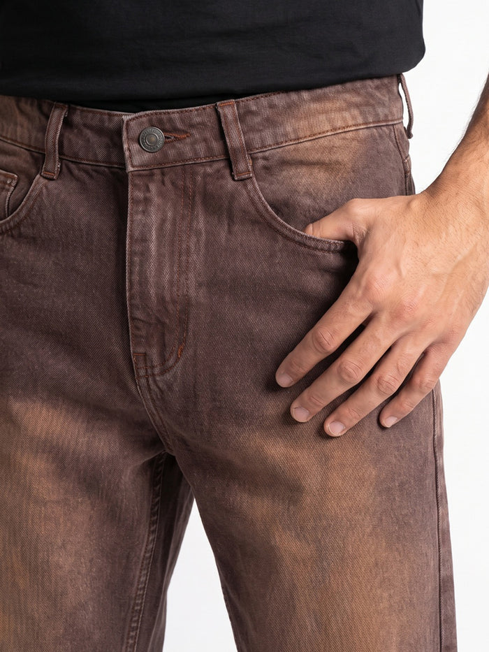 Men's Brown Relaxed Fit Washed Denim Jeans Non-Stretchable