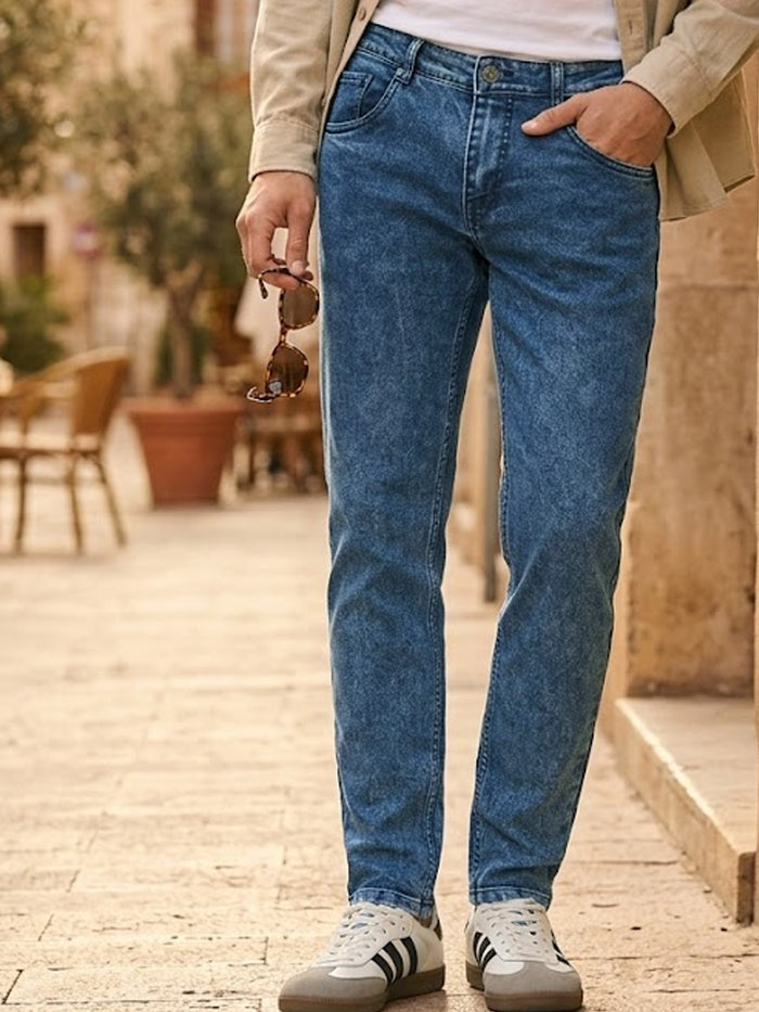 Men's Carbon Blue Regular Fit Washed Jeans Stretchable