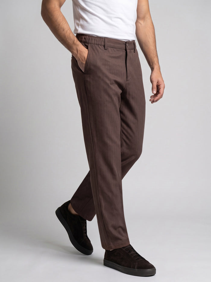 Men's Chocolate Relaxed Fit Solid Linen Blend Trousers Non-Stretchable