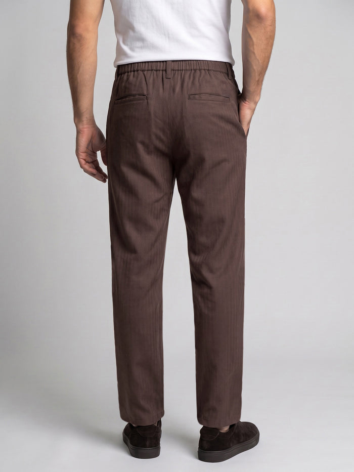 Men's Chocolate Relaxed Fit Solid Linen Blend Trousers Non-Stretchable