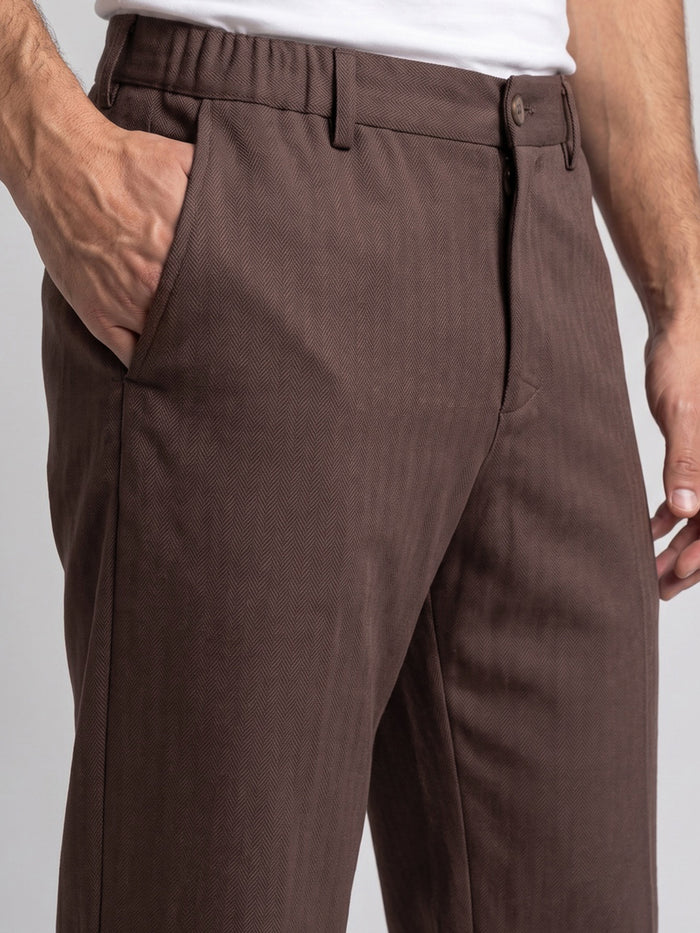 Men's Chocolate Relaxed Fit Solid Linen Blend Trousers Non-Stretchable