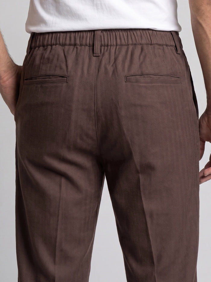 Men's Chocolate Relaxed Fit Solid Linen Blend Trousers Non-Stretchable