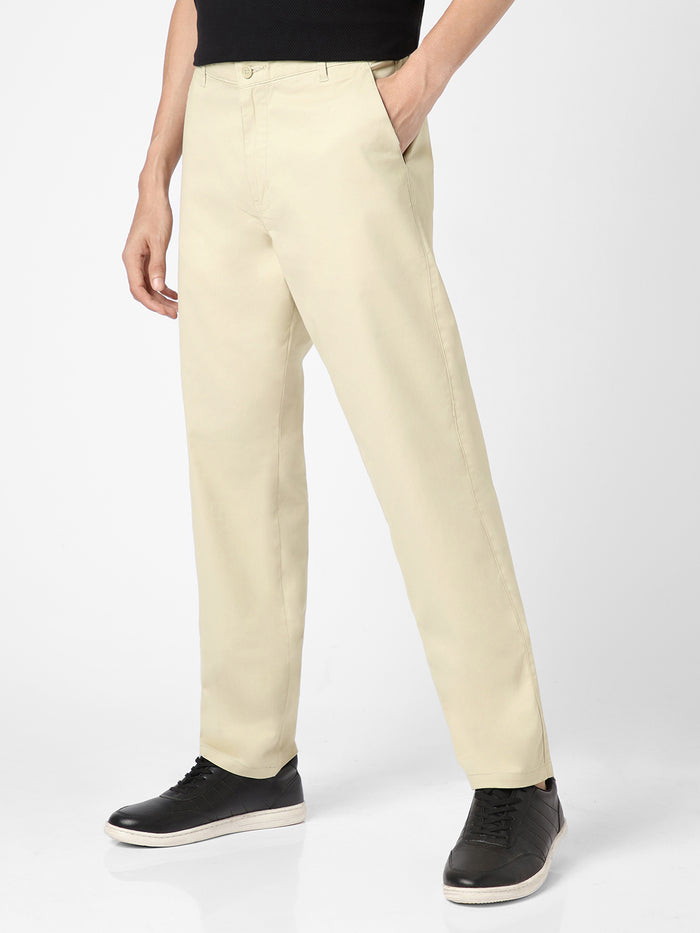 Men's Cream Cotton Regular Fit Casual Chinos Trousers Stretch