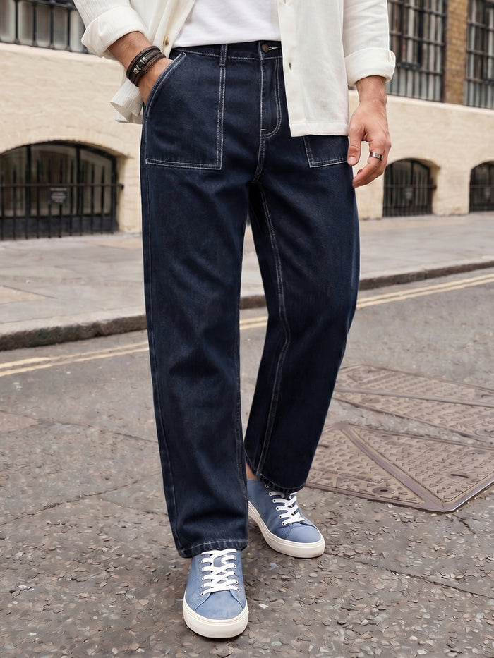 Men's Dark Blue Loose Baggy Fit Washed Denim Jeans Non-Stretchable