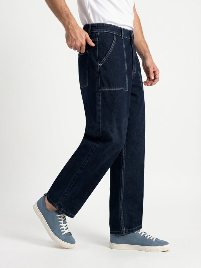 Men's Dark Blue Loose Baggy Fit Washed Denim Jeans Non-Stretchable