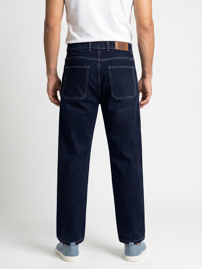 Men's Dark Blue Loose Baggy Fit Washed Denim Jeans Non-Stretchable