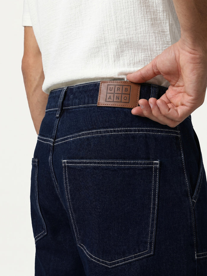Men's Dark Blue Loose Baggy Fit Washed Denim Jeans Non-Stretchable