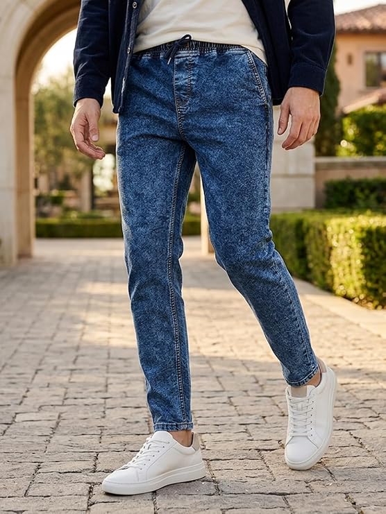 Men's Dark Blue Regular Fit Washed Jogger Jeans Stretchable
