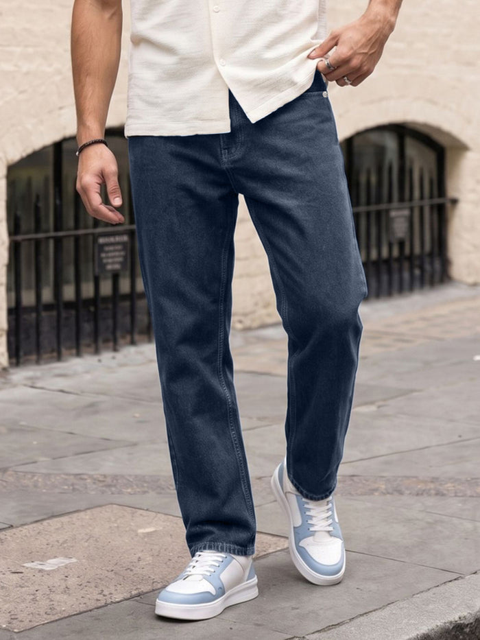Men's Dark Blue Relaxed Fit Washed Denim Jeans Non-Stretchable
