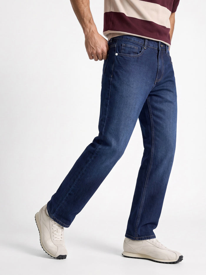 Men's Dark Blue Relaxed Fit Washed Denim Jeans Non-Stretchable
