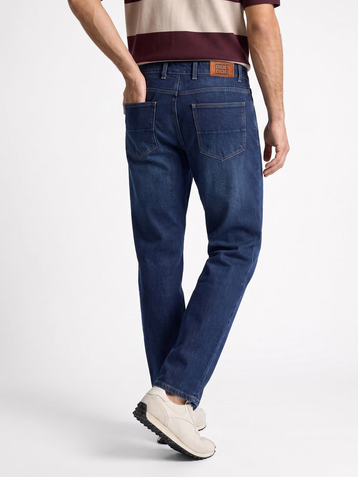 Men's Dark Blue Relaxed Fit Washed Denim Jeans Non-Stretchable