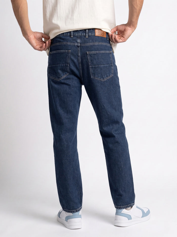 Men's Dark Blue Relaxed Fit Washed Denim Jeans Non-Stretchable