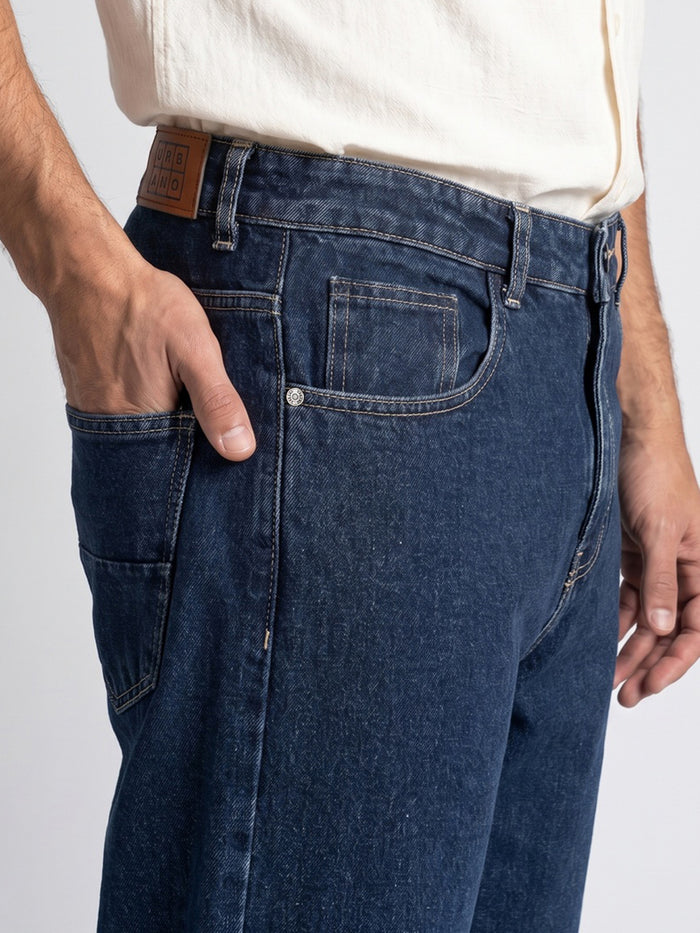 Men's Dark Blue Relaxed Fit Washed Denim Jeans Non-Stretchable